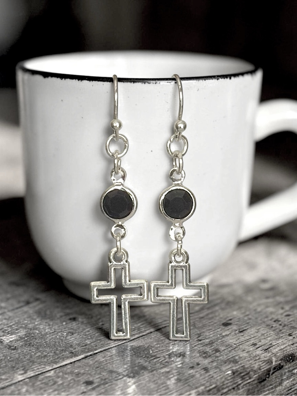 5 For $25💫Long Silver Cross Drop Earrings with Black Gem Accent